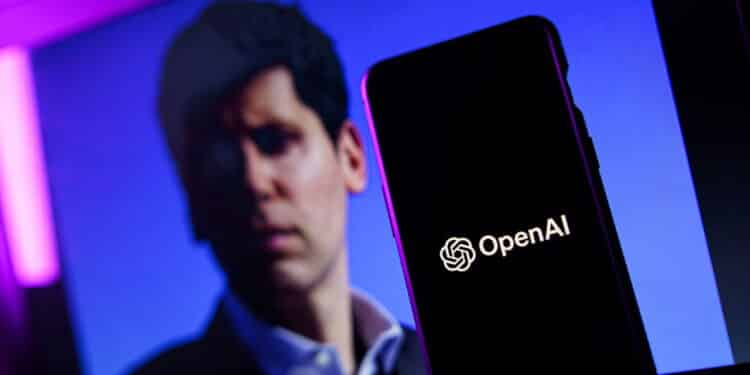 OpenAI logo and Sam Altman in background on screen