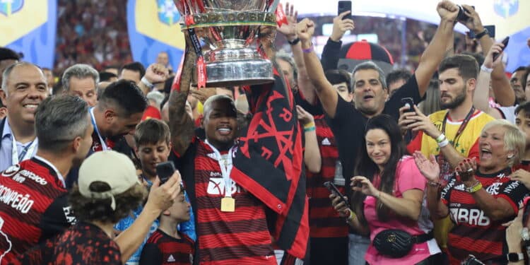 Flamengo players celebrate their fourth championship in the Brazil Soccer Cup