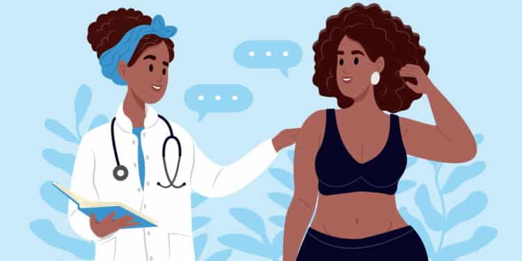 Obesity day. African American female doctor explains how to lose weight to an obese patient by choosing good healthy foods, fat control instruction, calorie control